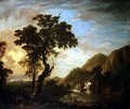 Wooded river landscape with figures in the foreground and cascade beyond - George Jnr Barret