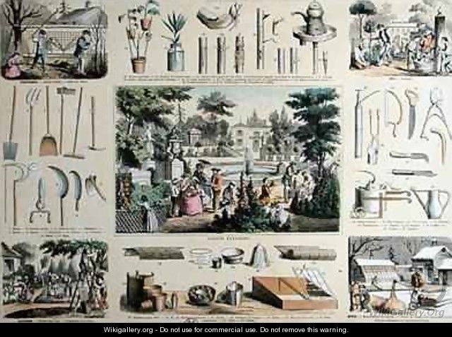 Educational depiction of gardening, with illustrations of garden tools and scenes showing the appropriate activities for each season - Bethmont Belin and