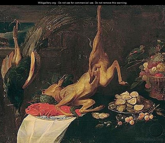 Game larder still life with deer, peacock, lobster, a dish of oysters and a basket of fruit - (after) Frans Snyders