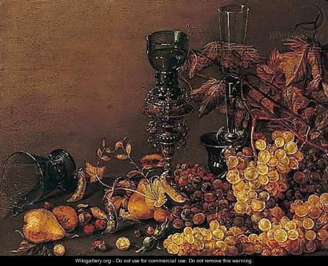 Still life of red and white grapes, pears, cherries, hazelnuts and peas, together with a facon-de-venise wine glass - (after) Roelof Koets