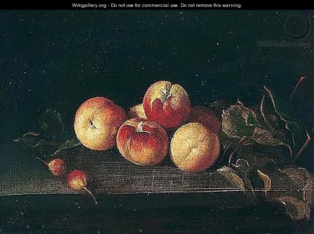 Still life of peaches and crab apples upon a stone ledge - Italian School