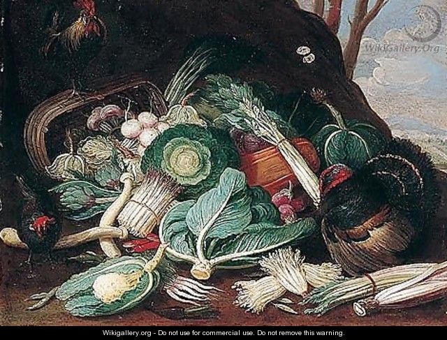 Still Life Of Vegetables, Together With A Turkey, A Cockerel And A Hen - (after) Jan Van Kessel I