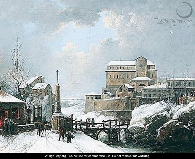 A Winter Landscape With Figures Crossing A Bridge Near A Monastery - Jules Cesar Denis van Loo