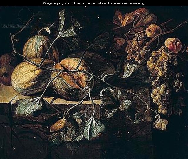 Still Life Of Melons With Apples And Grapes Arranged Upon A Stone Ledge - (after) Michaelanglo Cerquozzi