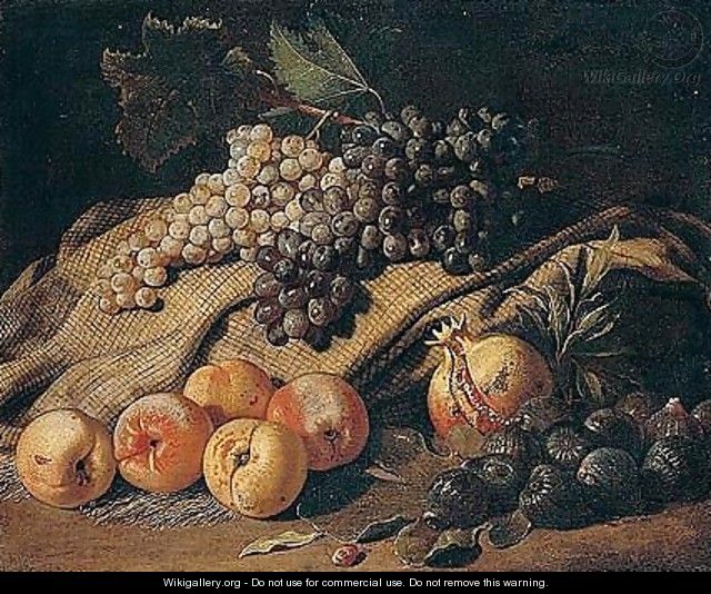 Still Life Of Grapes, Peaches, Figs And A Pomegranate - Jacob van der (Giacomo da Castello) Kerckhoven