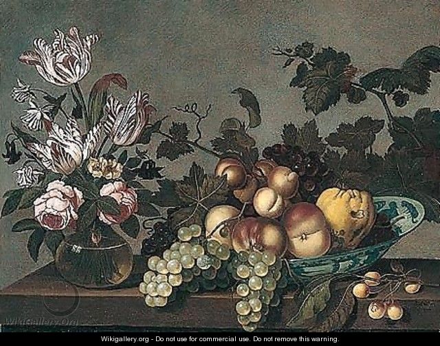 Still Life Of Peaches, Grapes And A Pear In A Blue And White Porcelain Bowl, Together With Variegated Tulips And Roses In A Glass Vase, Arranged Upon A Stone Ledge - Joris Van Son