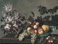 Still Life Of Peaches, Grapes And A Pear In A Blue And White Porcelain Bowl, Together With Variegated Tulips And Roses In A Glass Vase, Arranged Upon A Stone Ledge - Joris Van Son