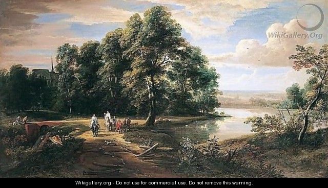 An Extensive River Landscape With Travellers And A Priest Near A Chateau - (after) Lucas Achtschellink