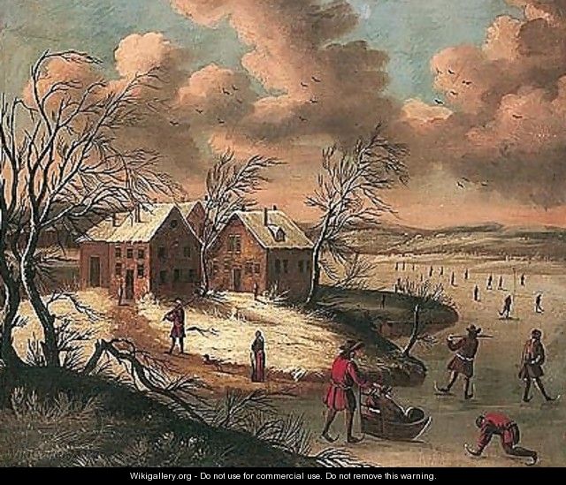 A winter landscape with figures skating on a frozen river before a hamlet - (after) Jan Griffier I