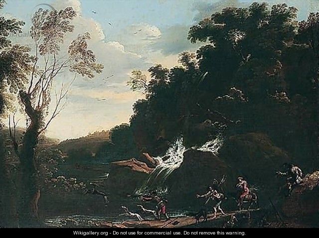 Landscape with a stag hunt - (after) Pandolfo Reschi