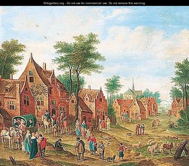 Village scene with numerous figures and a waggon - (after) Charles Beschey