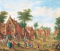 Village scene with numerous figures and a waggon - (after) Charles Beschey