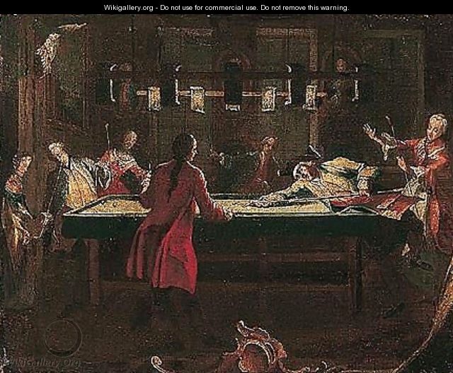 Elegant figures playing billiards by candle-light - (after) Longhi, Pietro
