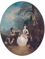 A wooded landscape with a huntsman offering a rabbit to an elegant lady - (after) Jean-Baptiste Joseph Pater