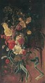 Still life of hollyhocks, stocks, carnations, morning glory and daisies tied with a blue ribbon - French School