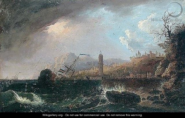 A coastal landscape with a ship sinking at the entrance to the harbour - (after) Claude-Joseph Vernet