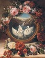 A Painting Of Swans In A River Landscape Encircled With Roses - Siegfried Detler Bendixen