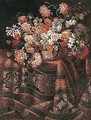 Still life of flowers in a wicker basket, upon a table draped with a carpet - Roman School