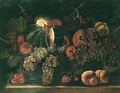 Still life of a melon, a pomegranate, grapes, figs, pears and peaches - (after) Agostino Verrocchi