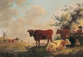 A Pastoral Landscape With Figures And Cattle By A River, A Windmill And Drovers Beyond - Jean Baptiste De Roij (De Roij De Brussels)