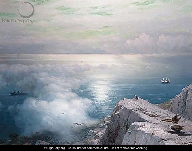 A rocky coastal landscape in the aegean with ships in the distance - Ivan Konstantinovich Aivazovsky
