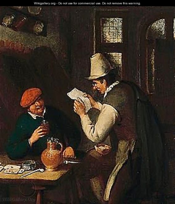 A Tavern Interior With A Man Drinking And Another Reading A Letter - Cornelis Dusart