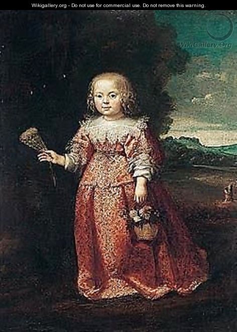 Portrait of young girl, full-length, wearing a red dress, holding a fan and a basket of flowers - (after) Wybrand Simonsz De Geest