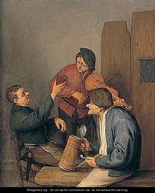 Three Peasants Drinking, Smoking And Playing The Violin In A Tavern Interior - Adriaen Jansz. Van Ostade