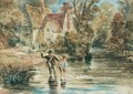 A Man And Child Fishing In A Stream By A Cottage - David Cox