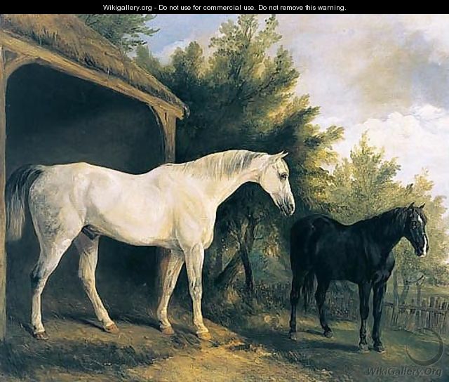 Two Hunters By A Stable With A Landscape Beyond - Richard Barrett Davis