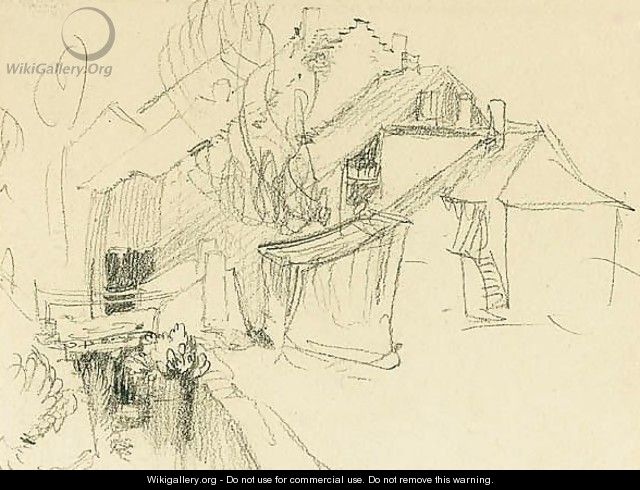 A Watermill And Cottages By A Stream - John Ruskin