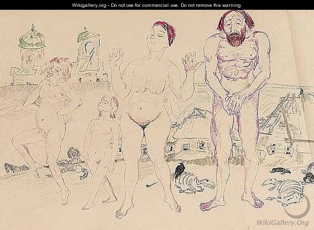 Nude family outside the walls of the russian village Philip Andreevich 
