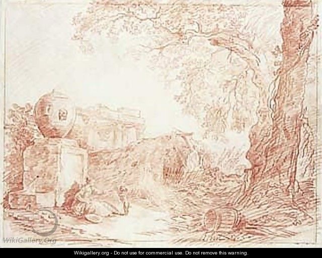 Landscape, With A Girl Playing With A Dog By A Fountain, With Ruins Behind And Trees To The Right - Hubert Robert