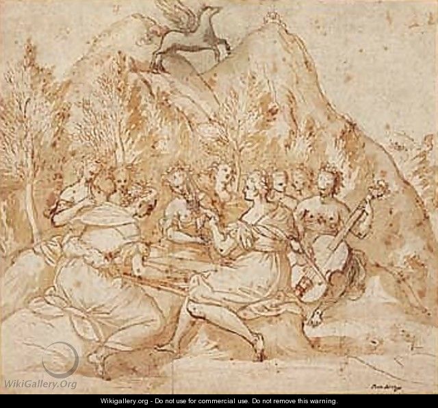 The Muses With Pegasus On Mount Parnassus - (after) Johann Rottenhammer
