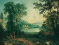 An arcadian landscape with figures conversing by ruins near a lake - French School