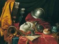 Still life with a helmet, trumpet, shell, stoneware vase, blue-and-white porcelain bowl - (after) Jean-Baptiste Huet I