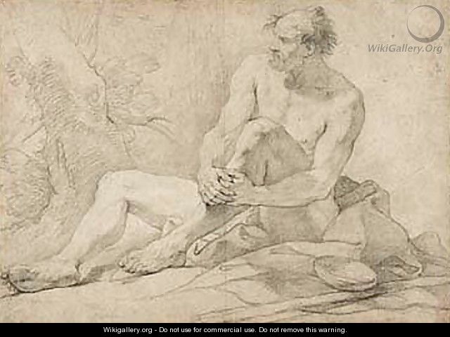 Academy Study Of A Male Nude As A Hermit Seated In A Landscape - Charles Joseph Natoire