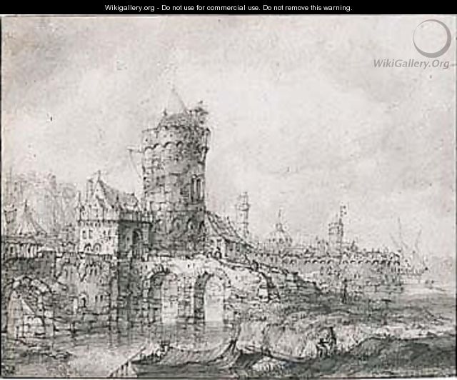 View Of The Fortified Gate And Walls Of A Riverside Town - Jan Abrahamsz. Beerstraten