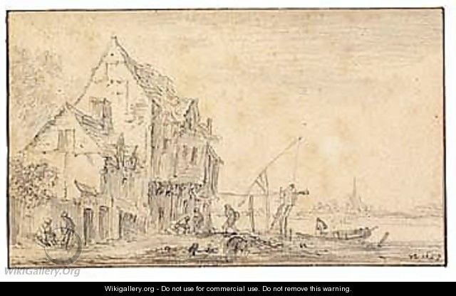 Houses And Figures By A River - Jan van Goyen
