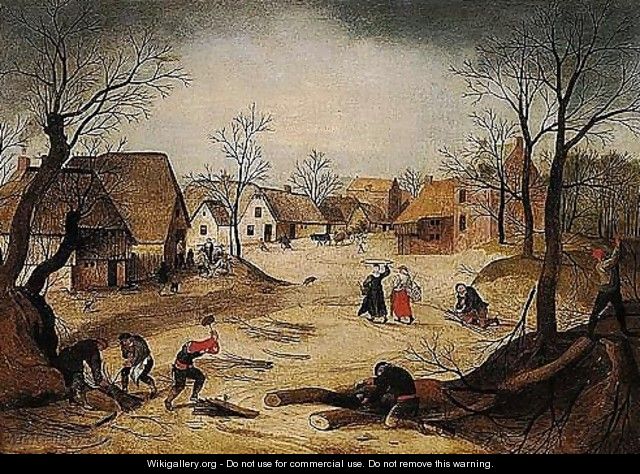 A Village Scene With Figures Chopping And Collecting Firewood In The Foreground, Other Villagers Gathered Outside A Cottage Beyond - Abel Grimmer