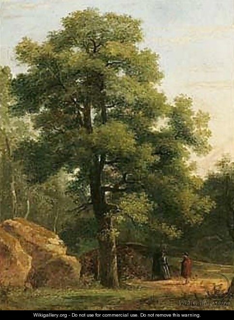 A Wooded Landscape With Travellers Resting Beneath A Tree - Jean-Victor Bertin