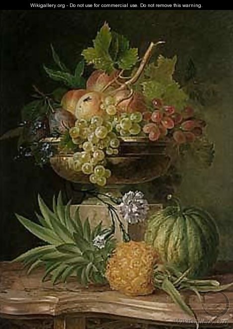Still Life Of Peaches, Grapes And Plums In A Sculpted Urn On A Pedestal, With A Pineapple And A Melon, All Resting On A Marble-topped Commode - Willem van Leen