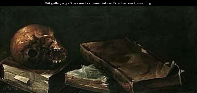 Vanitas still life of a skull and books - (after) Andres Deleito