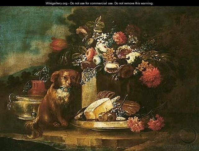 Still Life With Flowers And A Dog With A Dish Of Sweetmeats And Figs In A Garden Setting - (after) Gasparo Lopez