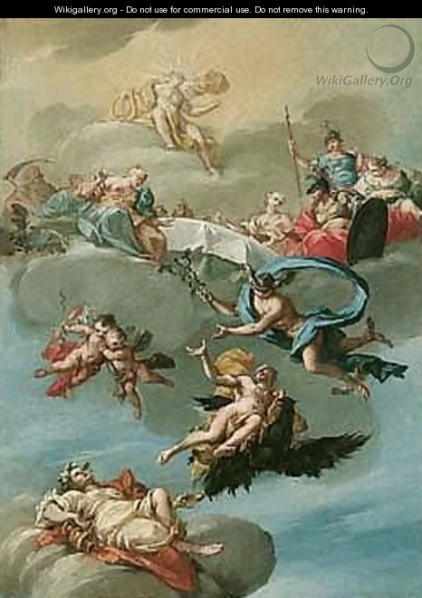 Juppiter conveying ganymede to Juno, accompanied by Mercury, with Mars, Venus and Apollo in attendance - North-Italian School