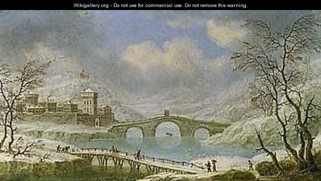 A Winter Landscape With Figures Crossing A Bridge, A Town Beyond - Orazio Grevenbroeck