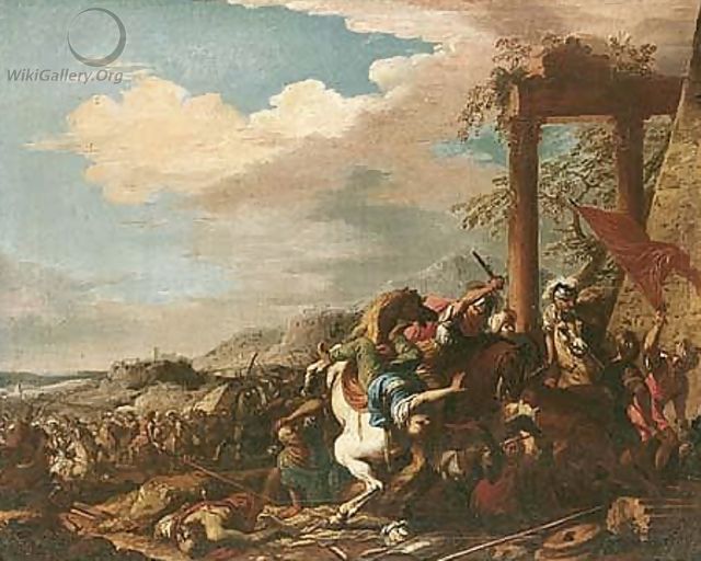 A cavalry battle between christians and turks, before a hill-top town - Salvator Rosa