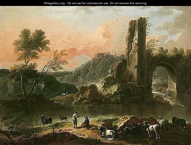 A River Landscape With Herdsmen Watering Their Cattle, A Ruined Arch Beyond - Cajetan