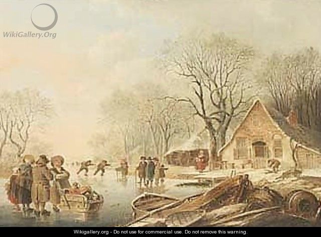 A Frozen River With Figures Skating And Conversing Before A House - (after) Andries Vermeulen
