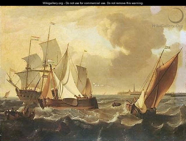 Shipping Vessels On Choppy Seas, The Town Of Enkhuizen Beyond - (after) Ludolf Backhuysen